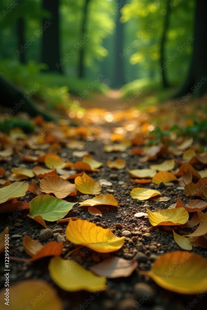 Siamese neem leaves scattered on the forest floor, earthy tones, fallen leaves Siamese neem leaves scattered on the forest floor, earthy tones, fallen leaves