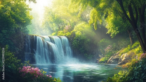Sunlit waterfall cascading into tranquil pool, lush green forest backdrop; nature serenity