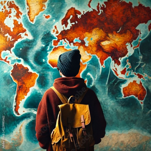 A person, seen from behind, stands before a large world map
 photo