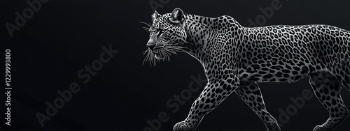 Monochromatic Leopard Striding in Darkness Black and White Minimalist Wildlife Art photo