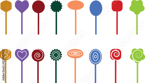 Sweets and candy icon set. Chocolate bars, caramel, toffee and lollipop on sticks, marmalade bears. Confectionery shop elements for birthday kids present cartoon flat isolated vector collection.