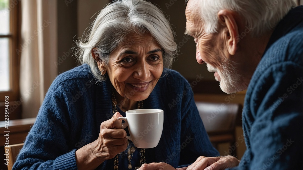 Joyful moments shared over warm tea between a smiling South Asian couple captured in a cozy café setting during a peaceful afternoon Joyful moments shared over warm tea between a smiling South Asian couple captured in a cozy café setting during a peaceful afternoon