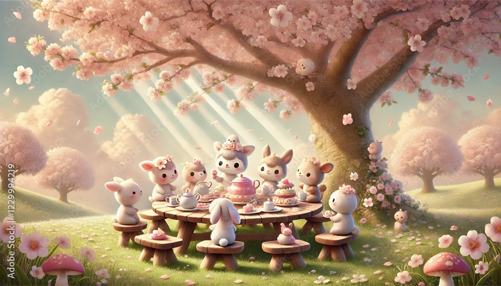 A group of adorable animals enjoying a whimsical tea party under a full-blooming cherry tree, surrounded by soft pastel colors, light filtering through the branches A group of adorable animals enjoying a whimsical tea party under a full-blooming cherry tree, surrounded by soft pastel colors, light filtering through the branches