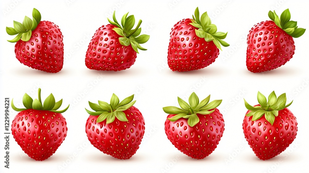 Eight red strawberries, in line, isolated, with white background, for food posters Eight red strawberries, in line, isolated, with white background, for food posters