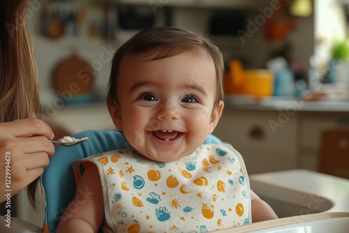 joyful baby with dark hair smiles brightly while being fed in high chair. kitchen setting is warm and inviting, filled with soft colors and homey decor photo