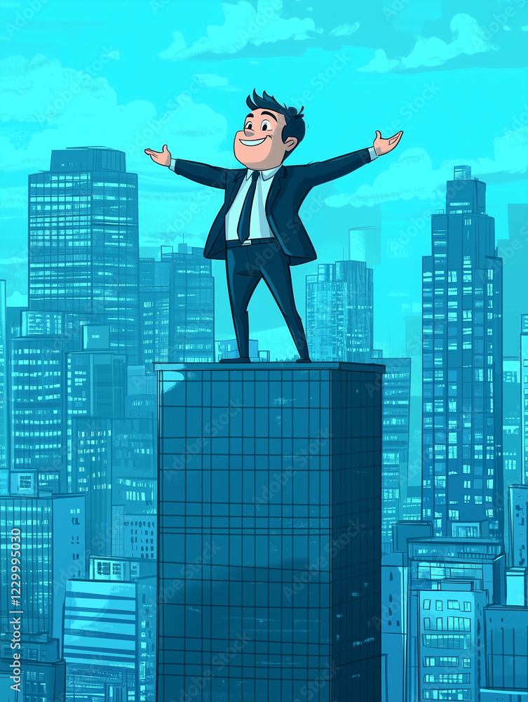 confident businessman stands triumphantly on top of skyscraper, arms outstretched against vibrant city skyline. scene conveys sense of achievement and optimism