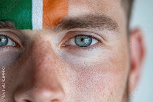 A striking close-up of a young man's face, displaying vibrant colors of the Irish flag, emphasizing his captivating eyes and emotional expression. photo