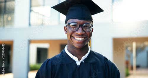 Εκτύπωση καμβά Portrait, black man and smile at graduation outdoor, education achievement and qualification ceremony