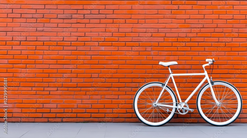 White Bicycle Against Bright Orange Brick Wall in Urban Setting White Bicycle Against Bright Orange Brick Wall in Urban Setting