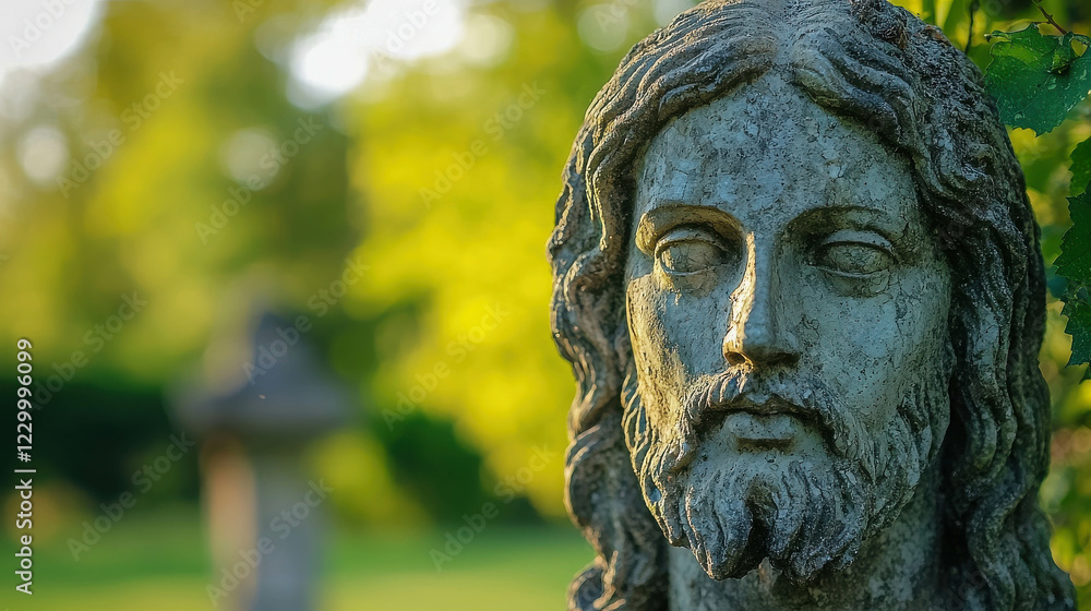 Detailed Portrait of a Stone Statue Surrounded by Nature in Soft Focus Background Detailed Portrait of a Stone Statue Surrounded by Nature in Soft Focus Background