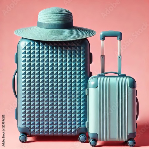 Two suitcases sit on a pink background.
