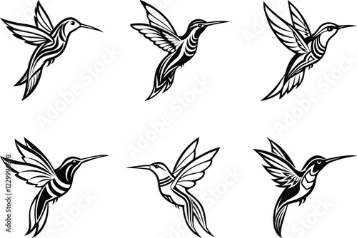 Cute Colibri set vector illustration, Colibri silhouette vector art, Colibri line art vector design