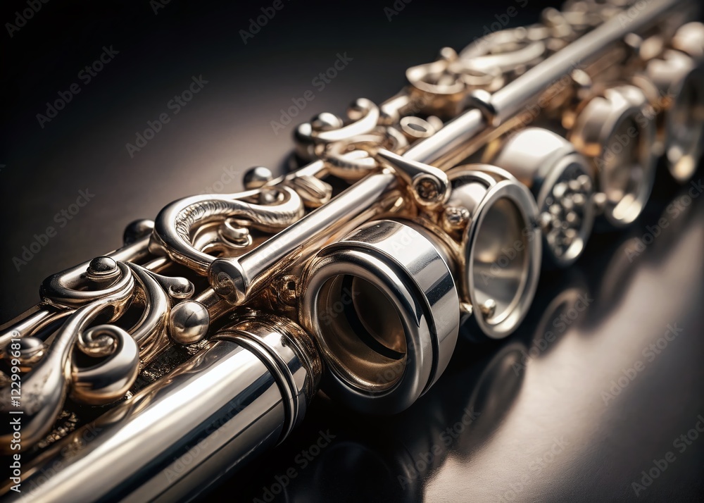 Obraz premium Baroque Flute, Silver Scrollwork & Floral Engraving, Musical Instrument Stock Photo