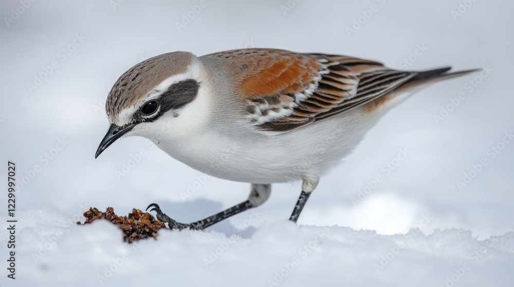 Colorful small bird with brown and white feathers perched on a snowy surface, enjoying some food from a feeder. Colorful small bird with brown and white feathers perched on a snowy surface, enjoying some food from a feeder.