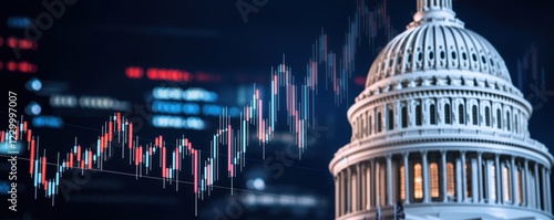 Political and financial convergence depicted with the US Capitol and dynamic stock market charts layered together