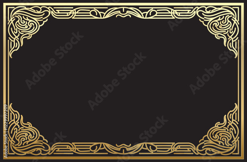 Gold border texture with black background. Elegant golden frame for  business card, wedding or certification backdrop. Ornate golden template. 