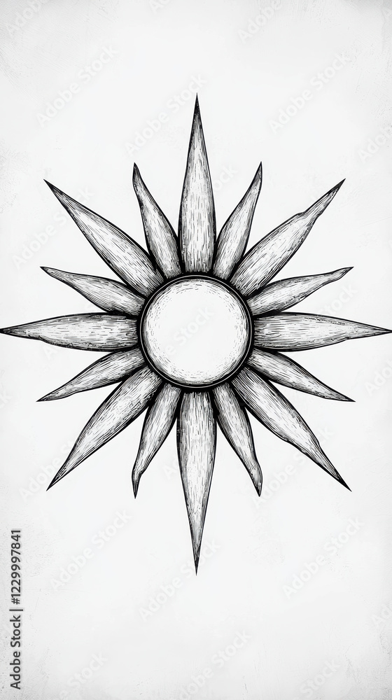 Sunburst illustration with engraved details, showcasing intricate design Sunburst illustration with engraved details, showcasing intricate design