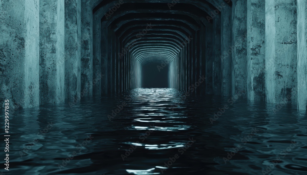 Fototapeta premium Submerged corridor with dark, textured concrete walls and rippling reflections, evoking a sense of mystery and isolation