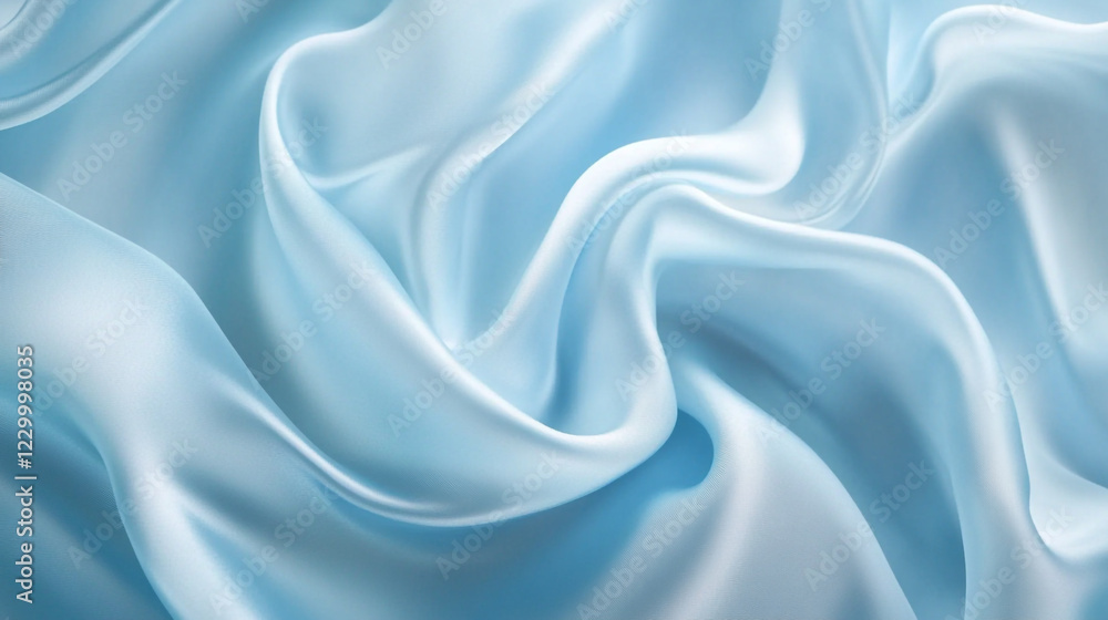 Soft light blue silk fabric draped elegantly with gentle folds and creases Soft light blue silk fabric draped elegantly with gentle folds and creases