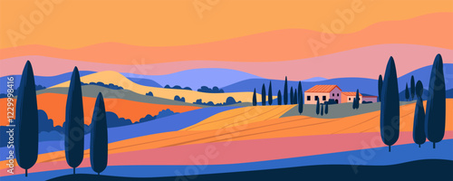 Abstract landscape of Italian Tuscany with green hills and fields, trees and houses. European summer village.  Beautiful vector rural landscape.