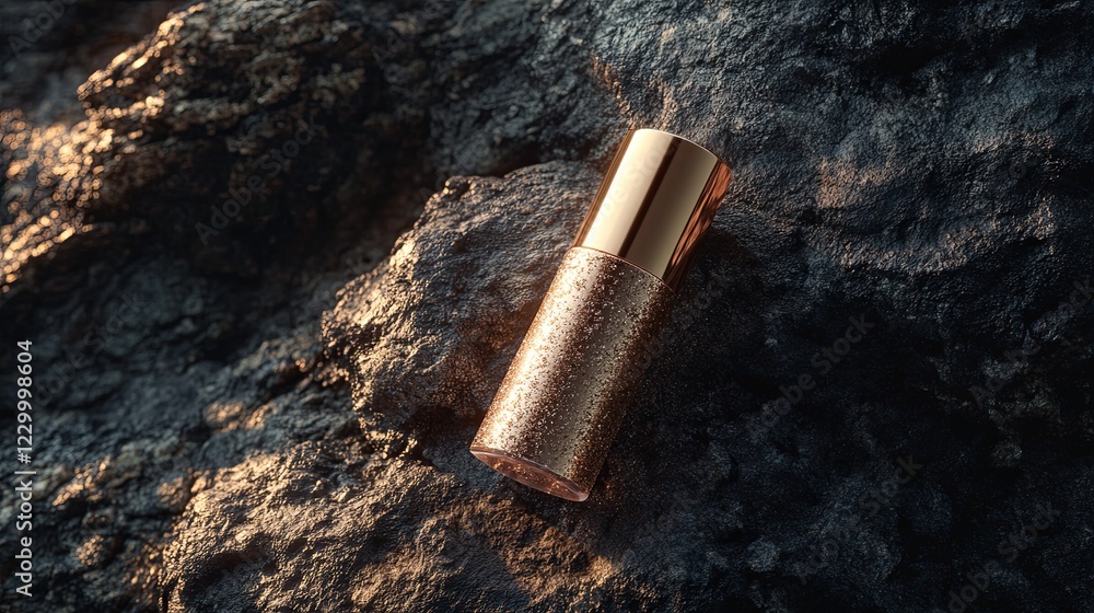 A foundation bottle mockup resting on a textured rock with soft lighting. picture A foundation bottle mockup resting on a textured rock with soft lighting. picture
