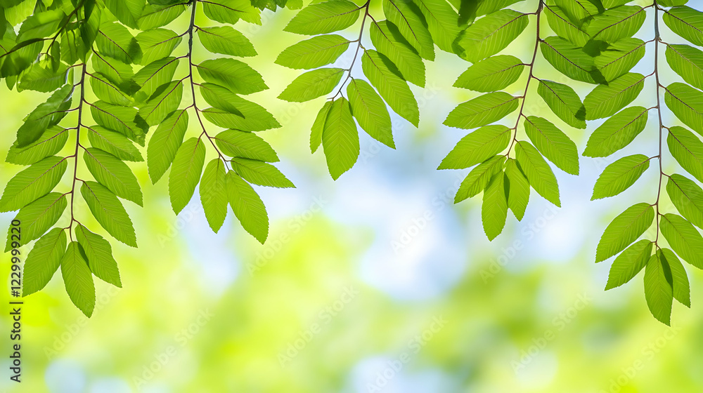 Lush green leaves, summer sunlight, blurred background, nature design Lush green leaves, summer sunlight, blurred background, nature design