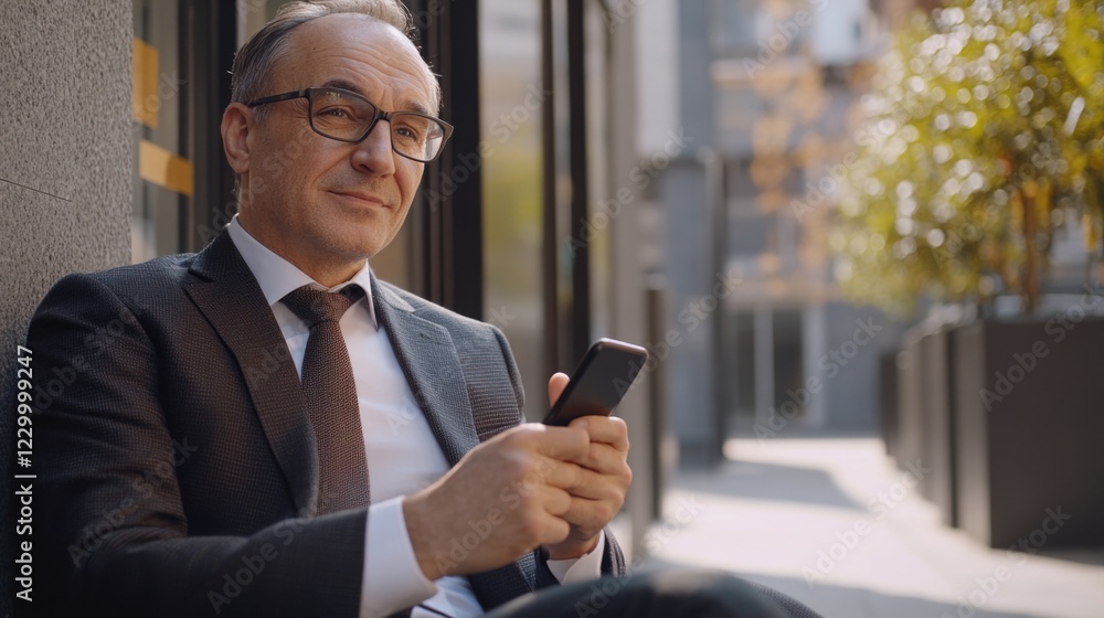 Man in suit sitting on bench using smartphone, reflective urban scene. Man in suit sitting on bench using smartphone, reflective urban scene.