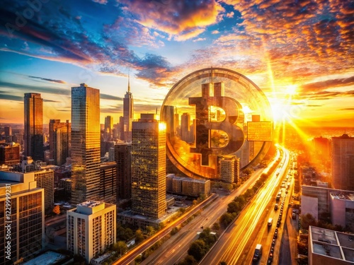 Bitcoin Mural Double Exposure Stock Photo: Cityscape Meets Cryptocurrency Art photo