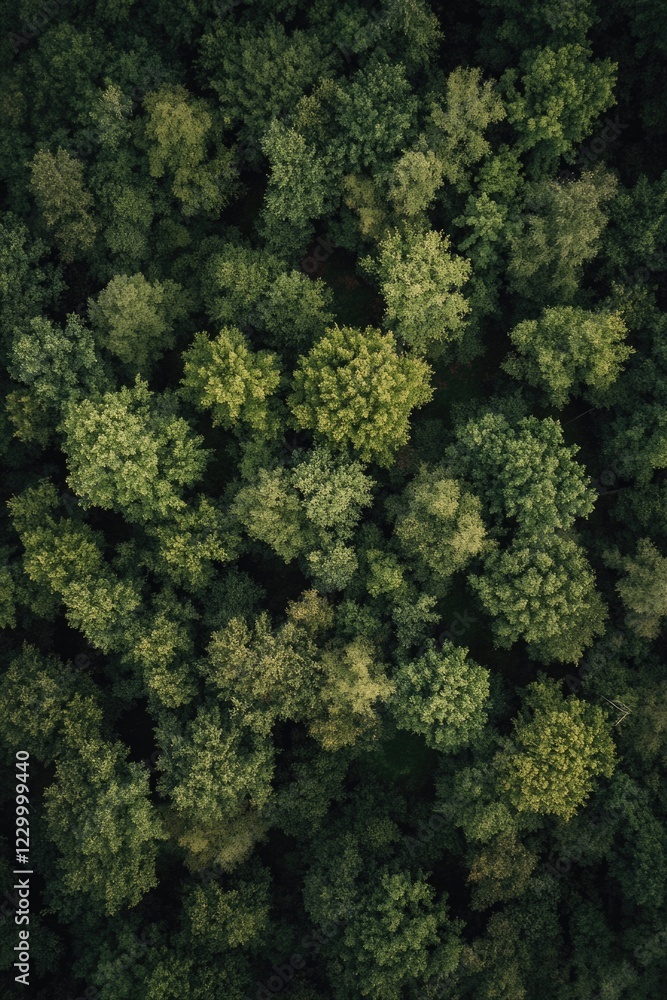 Naklejka premium Close-up of dense foliage in a forest with various shades of green indicating healthy vegetation. Ideal for ecology, nature, and conservation themes.