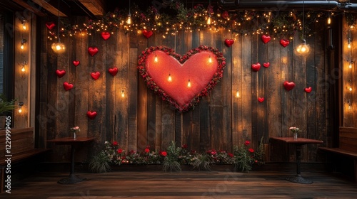 A heart-themed photo backdrop in a Valentines banquet room