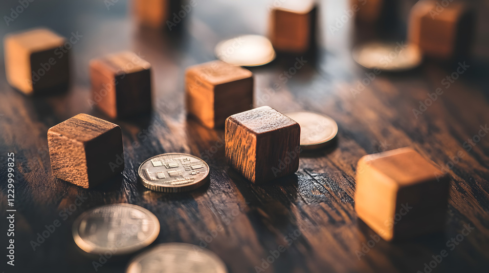 Wooden cubes and coins scattered on wooden surface create intriguing composition. warm tones of wood contrast with metallic sheen of coins, adding depth and texture to scene Wooden cubes and coins scattered on wooden surface create intriguing composition. warm tones of wood contrast with metallic sheen of coins, adding depth and texture to scene