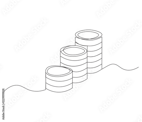 Stacks of coins in one continuous line drawing. Coins money symbol of financial success and investment business. Coins money in simple linear style. Editable outline illustration