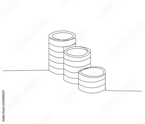 Stacks of coins in one continuous line drawing. Coins money symbol of financial success and investment business. Coins money in simple linear style. Editable outline illustration