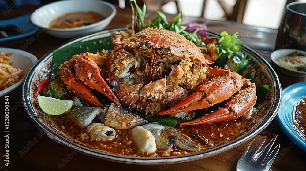 A fresh seafood platter with crab, prawns, and fish served in a traditional Thai restaurant. picture A fresh seafood platter with crab, prawns, and fish served in a traditional Thai restaurant. picture