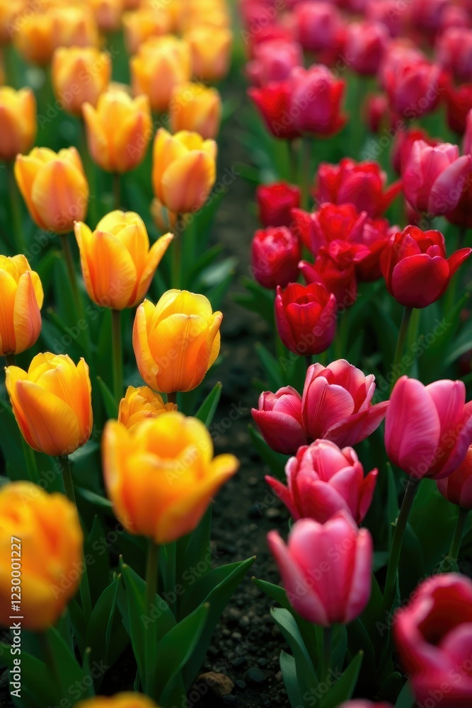 Four tulip squares in a triangular formation within the meadow, flowers field, triangular shape Four tulip squares in a triangular formation within the meadow, flowers field, triangular shape