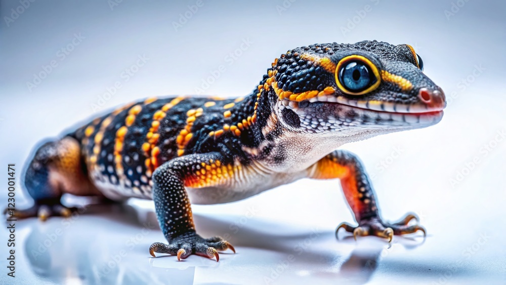 Obraz premium Black Night Leopard Gecko on White, Urban Exploration Style Photography