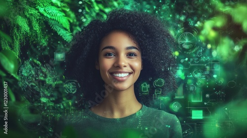 Smiling woman surrounded by nature and technology themed graphics with green tones