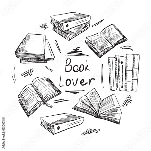 Books lover round shape of books, opened books with pages. Go back to school, library atmosphere in brush stroke texture. Hand drawn vector sketch illustration in vintage charcoal ink style