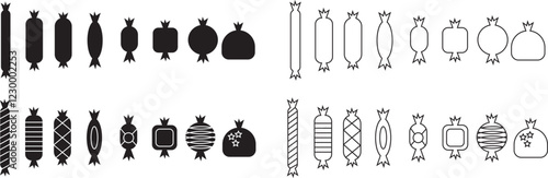 Sweets and candy icon set. Chocolate bars, caramel, toffee and lollipop on sticks, marmalade bears. Confectionery shop elements for birthday kids present cartoon flat isolated vector collection.