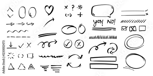 Marker mark set,Ink marker underline Design set,Highlighter scribbles collection,Hand made set,marks and arrow design set,wonky lines.  
