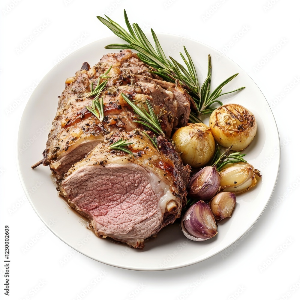 A plate of tender roast lamb with rosemary and garlic, isolated white background, classic realism art style A plate of tender roast lamb with rosemary and garlic, isolated white background, classic realism art style