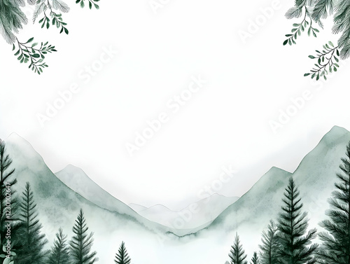 Obraz na płótnie Misty mountain landscape, green foliage frame, nature invitation w salonie