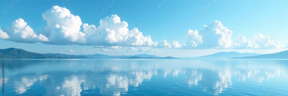 Light blue and white clouds drifting across a serene lake, nature, water Light blue and white clouds drifting across a serene lake, nature, water