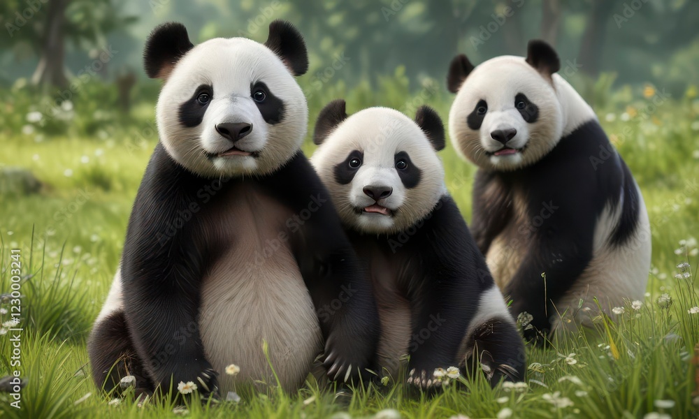 Obraz premium Group of adorable pandas playing together in a meadow, cute animals, outdoor, friendship