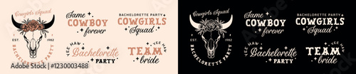 Bachelorette party country cowgirl western aesthetic theme same cowboy forever quotes pack bundle set. Printable boho floral retro vintage letterings bridesmaid girls squad crew sticker shirt design.