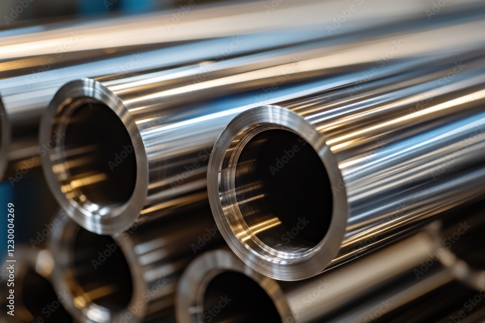 Naklejka premium A stack of metal pipes with a shiny, reflective surface. The pipes are arranged in a neat stack, and their shiny appearance suggests that they are new or recently manufactured