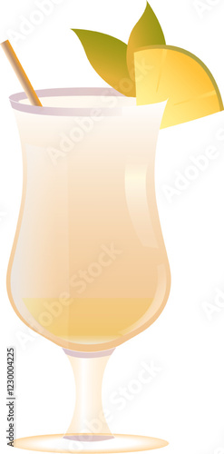 Pina Colada cocktail garnished with pineapple slice and green leaf isolated on transparent background. Creative design. Concept of alcohol drink, bar menu, refreshment, relaxation.