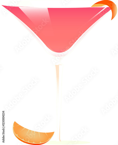 Cosmopolitan cocktail with orange slices isolated on transparent background. Creative design. Concept of alcohol drink, bar menu, refreshment, relaxation.