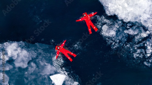 Aerial view of two people ice floating on icy water in bright red survival suits. Arctic frozen landscape. Extreme adventure, ice diving, cold water survival, winter expedition. Fun, outdoor activity