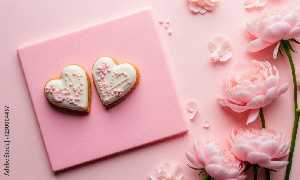 Cookies in the shape of hearts are decorated with pink icing and laid out on pink surface with flowers and petals. Symbol of love and affection Cookies in the shape of hearts are decorated with pink icing and laid out on pink surface with flowers and petals. Symbol of love and affection